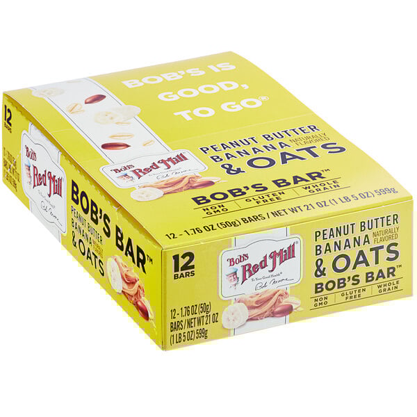 A yellow box of Bob's Red Mill Peanut Butter Banana & Oats Bars with white and blue text and pictures on it.