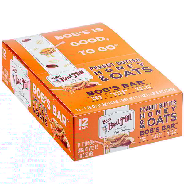 A box of Bob's Red Mill Peanut Butter Honey & Oats Breakfast Bars.