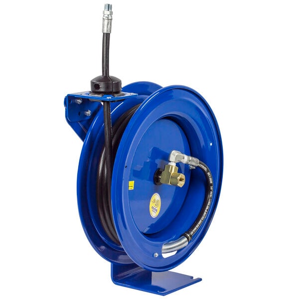 A blue Coxreels hose reel with a black hose.