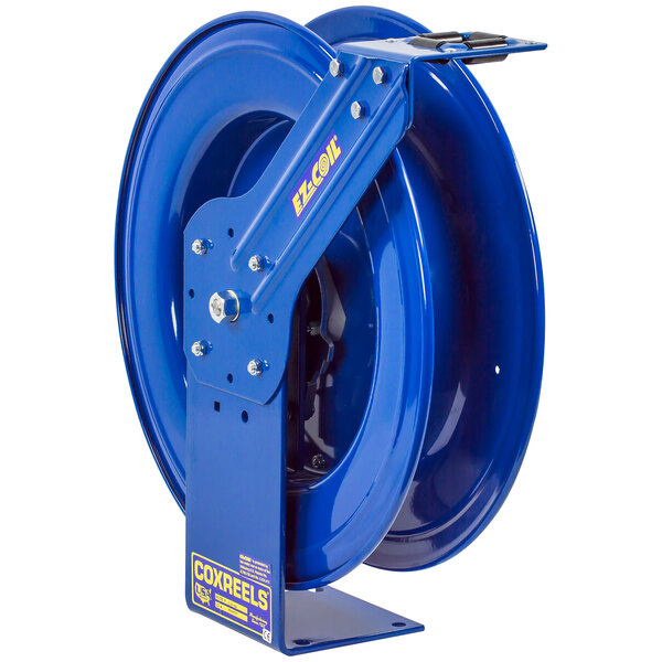 a blue metal reel with a yellow text
