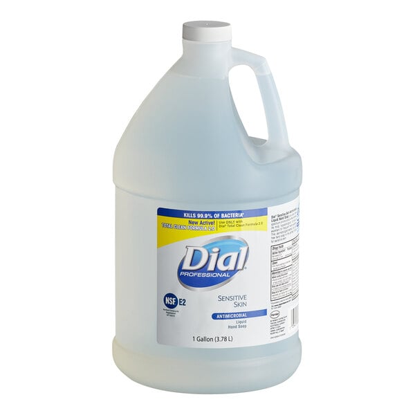 A plastic jug of Dial Sensitive Skin Liquid Hand Soap with a label.