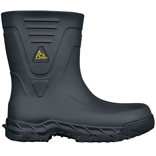 A black Shoes For Crews Bullfrog Pro II CT work boot with a yellow logo.