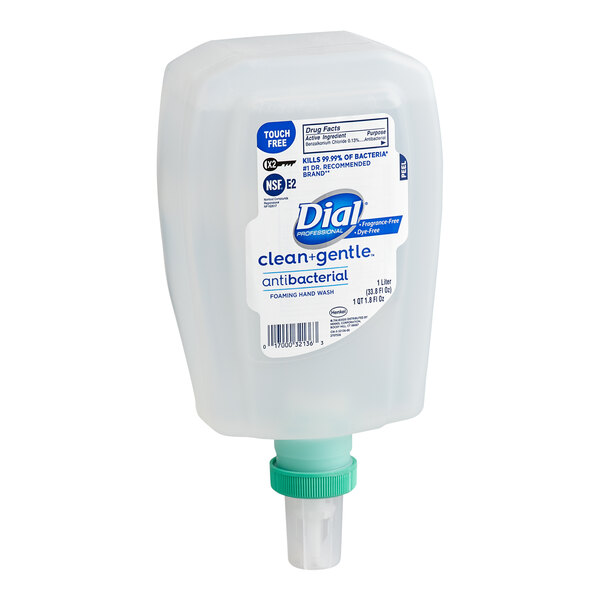 A plastic container of Dial Clean and Gentle foaming hand wash refill with a label.