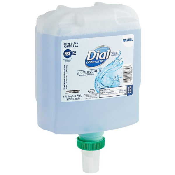 A plastic Dial foaming hand soap refill container with a label.