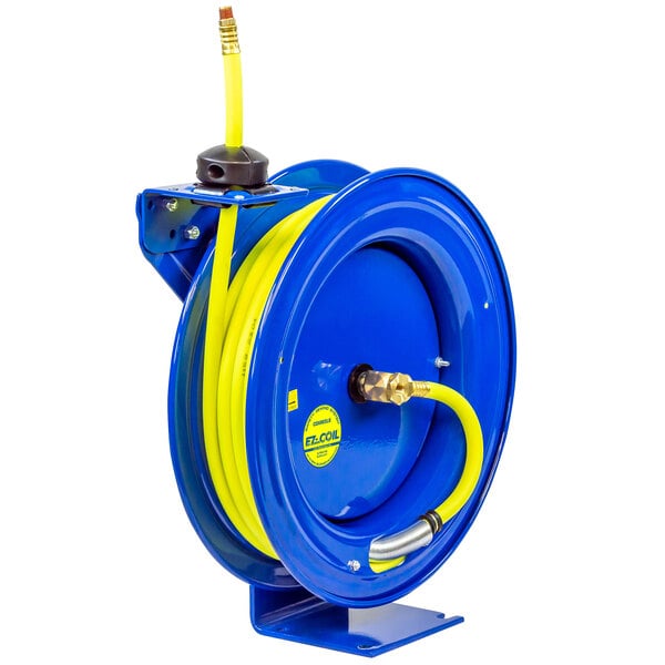 A blue and yellow Coxreels high visibility hose reel with a hose attached.