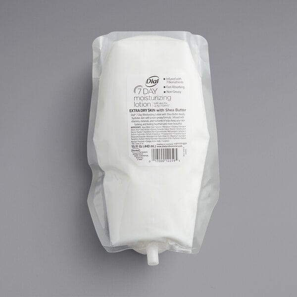 A white plastic bag of Dial Versa 7-Day Moisturizing Lotion Refill with a label.