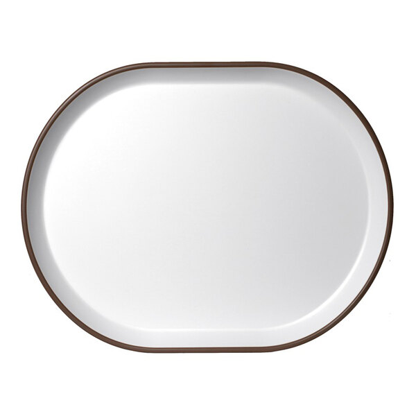 A white oval melamine platter with a raised brown rim.