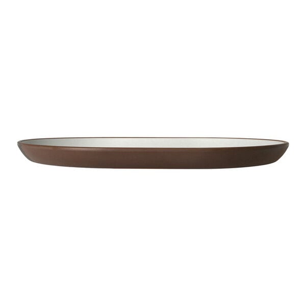 A stoneware oval raised rim melamine platter with a brown exterior and white interior.