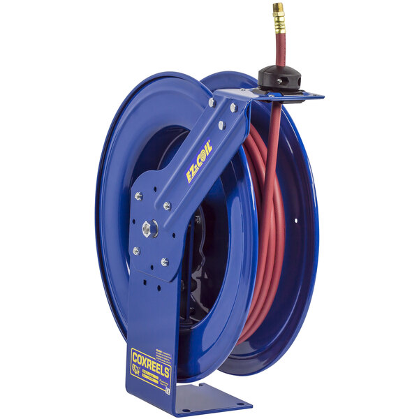 A blue Coxreels hose reel with a low pressure hose attached.