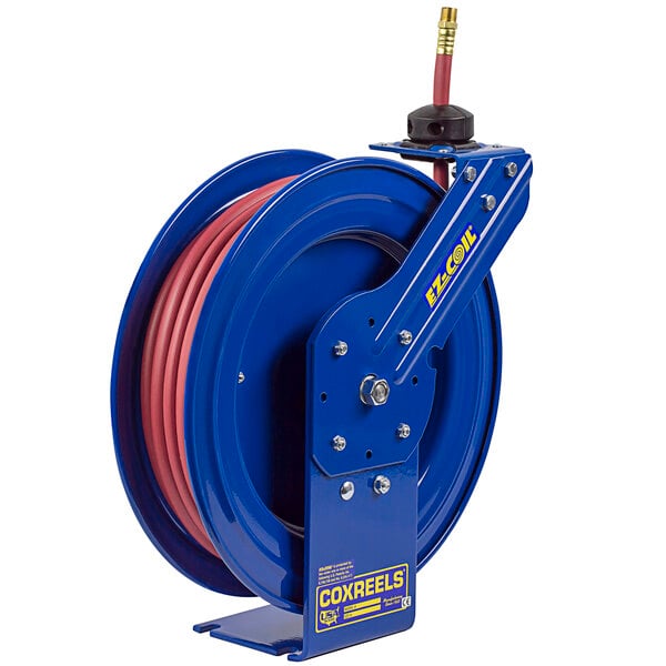A blue Coxreels hose reel with a blue and red hose.
