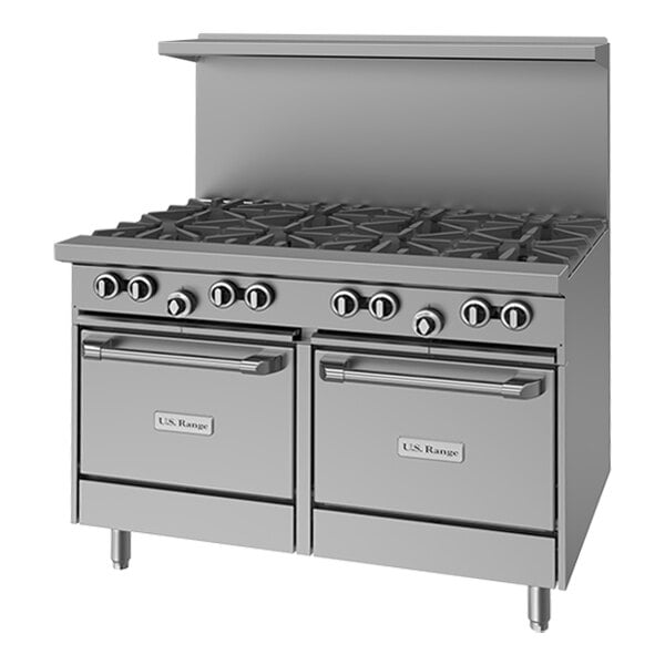 A commercial stainless steel 8-burner gas range with two space saver ovens.