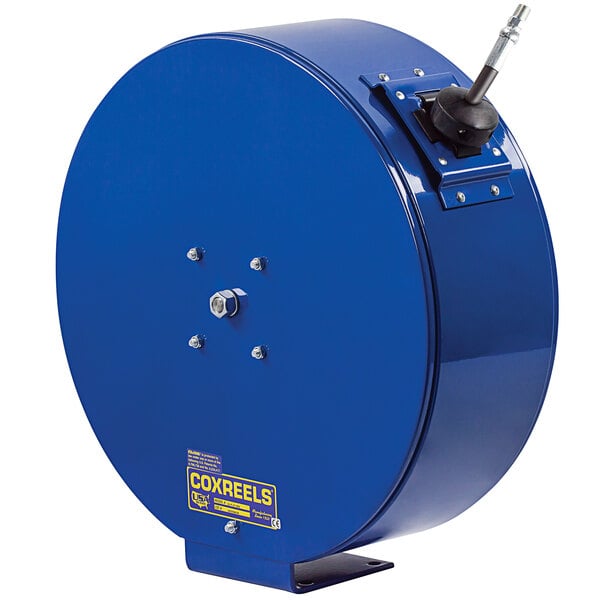 A blue Coxreels hose reel with a black metal handle.