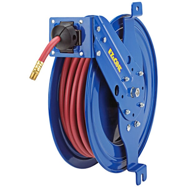 A blue Coxreels hose reel with a black hose.