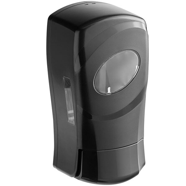 A black soap dispenser with a clear window.