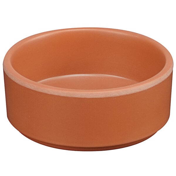 A brown Cal-Mil Terra Cotta Melamine ramekin.