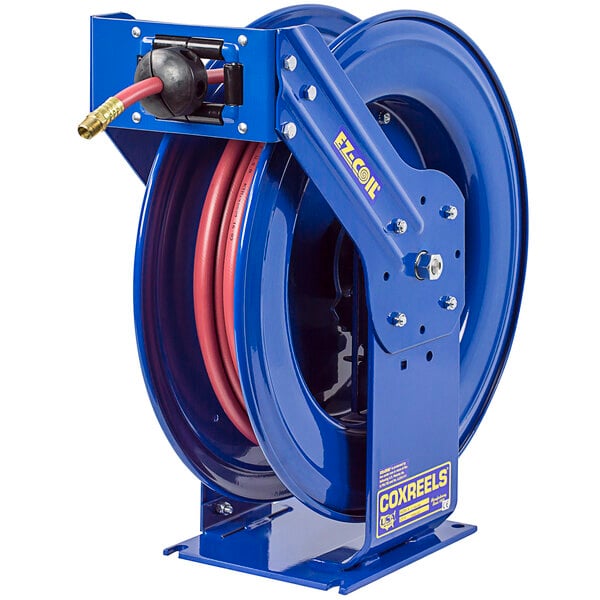 A blue Coxreels truck mount hose reel with a blue hose attached.