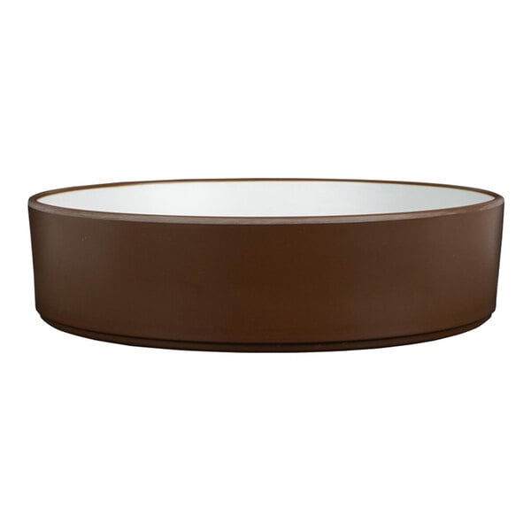 A round, brown stoneware melamine bowl with a raised rim and white interior.