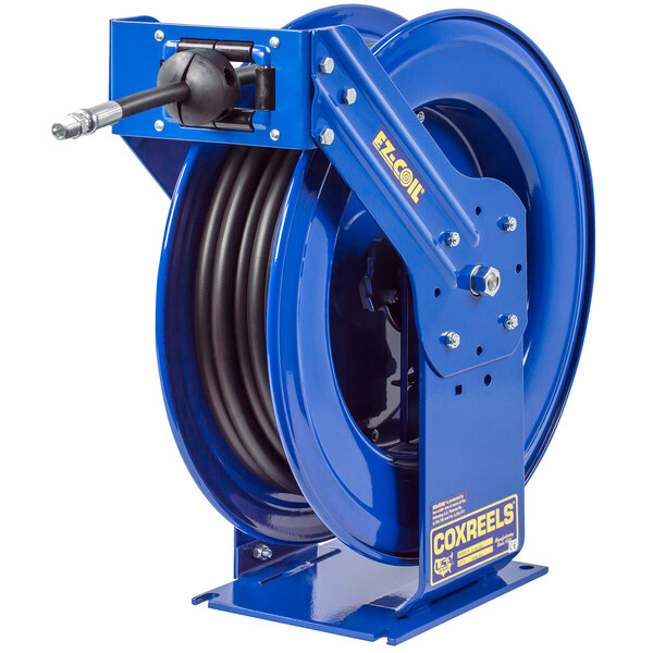 A blue Coxreels truck mount hose reel with a black hose attached.