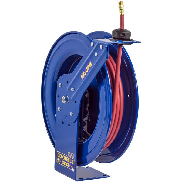 A blue Coxreels hose reel with a hose attached.