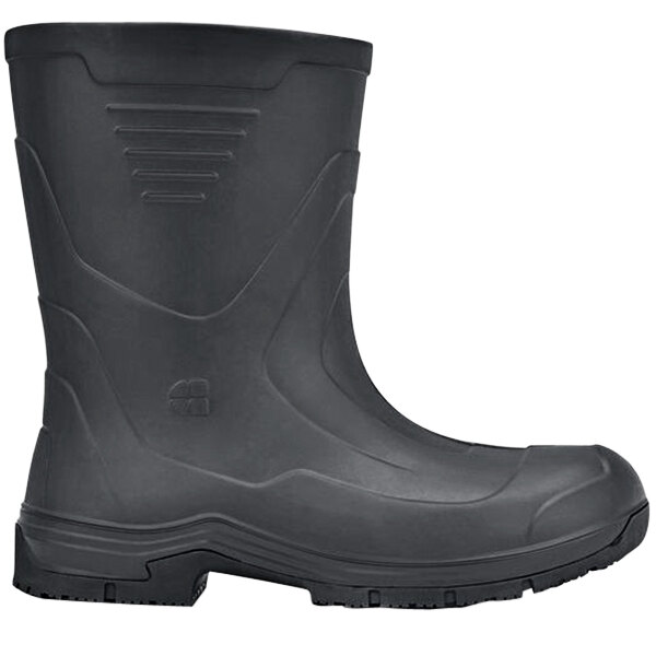 A black rubber Shoes for Crews Bullfrog II work boot with a rubber sole.