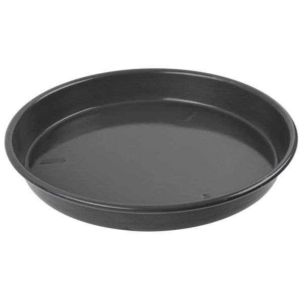 A black Chicago Metallic round deep dish pizza pan.