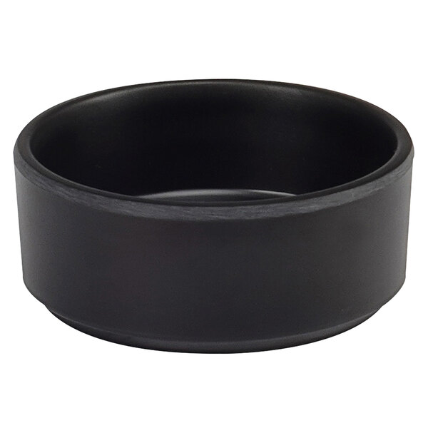 A black Cal-Mil straight sided melamine ramekin.