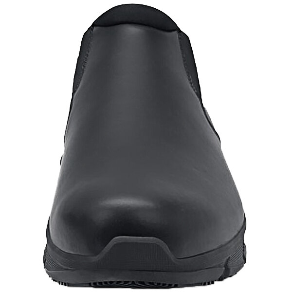 A black water-resistant slip-on shoe with a rubber sole.