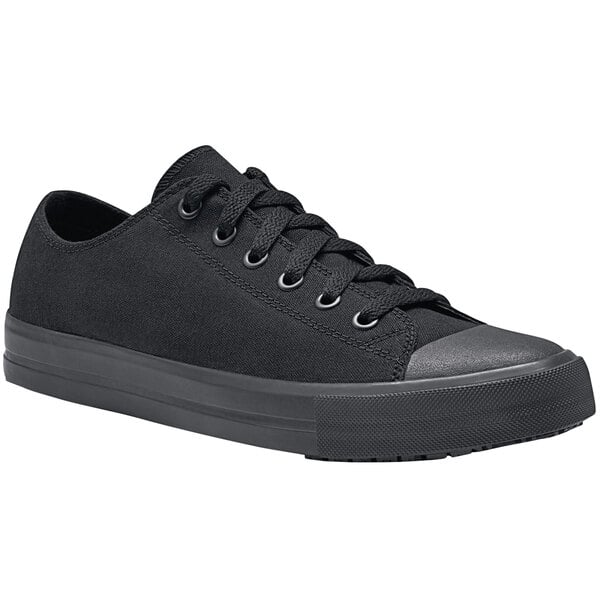 A black Shoes For Crews Delray casual shoe with laces.