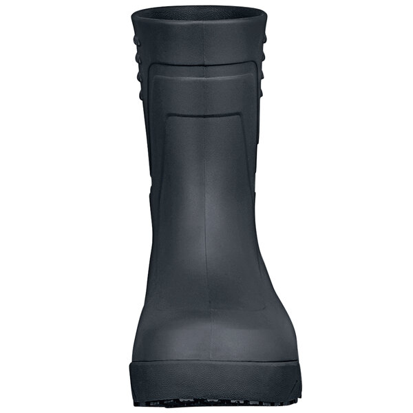 A black Shoe For Crews Bullfrog Pro II work boot with a white background.