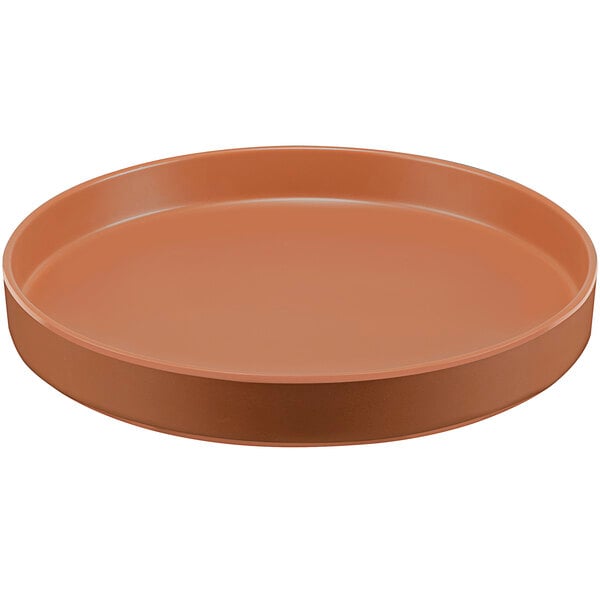 A brown round Cal-Mil Hudson melamine plate with a raised rim.