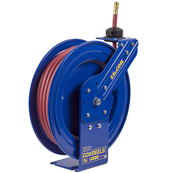 A blue Coxreels hose reel with a high pressure hose.