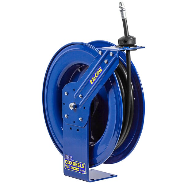 A blue Coxreels hose reel with a black hose on a white background.