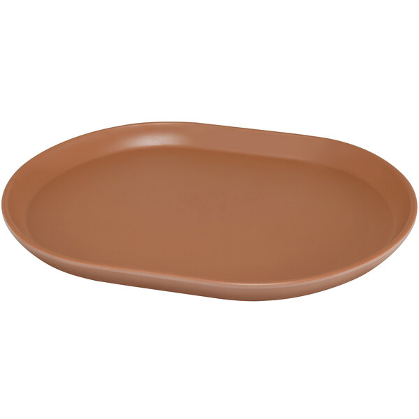 A brown Cal-Mil melamine oval tray with raised edges.