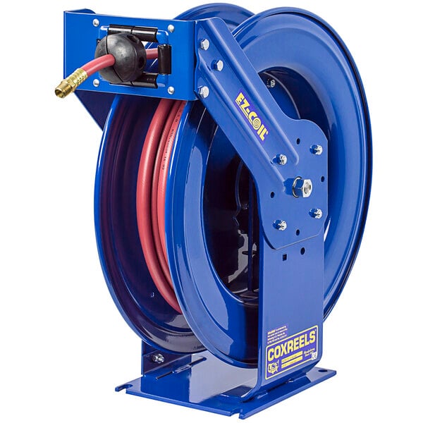 A blue Coxreels truck mount hose reel with a hose attached.