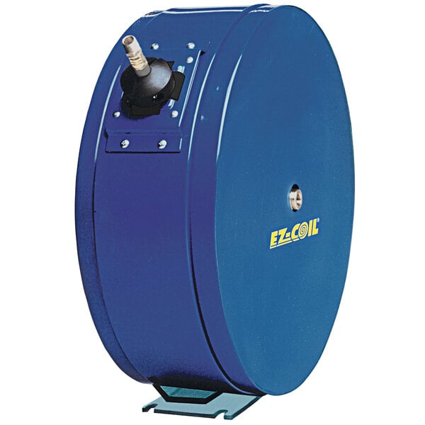 A blue Coxreels hose reel with a black handle and a blue coil inside.