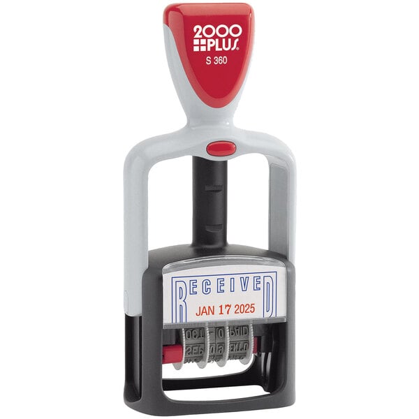 A close-up of a red and blue Cosco self-inking dater stamp with the word "Received" in the center.