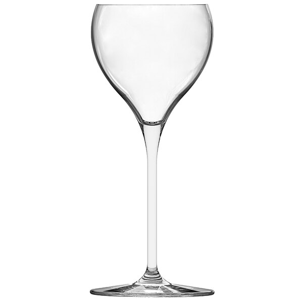 A clear wine glass with a long stem.