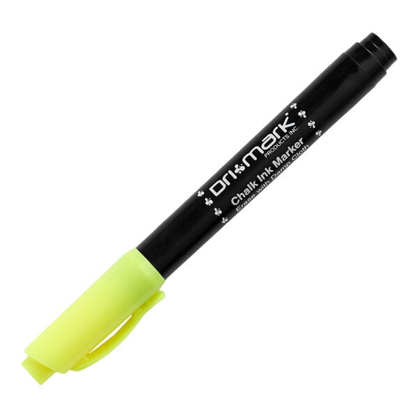 A black and yellow bullet tip chalk ink marker with a yellow cap.