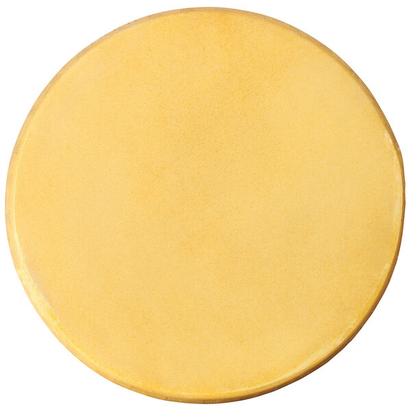 A close-up of a yellow circular object with a white background.