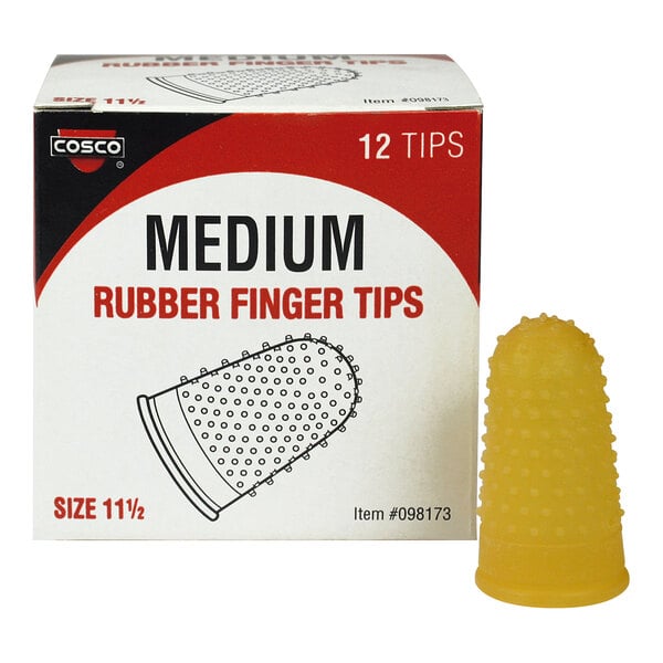 A box of Cosco medium size amber rubber finger tips with one finger tip displayed next to the box.