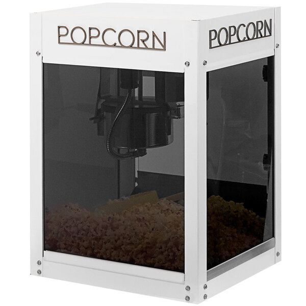 A white Paragon popcorn machine with a black lid.