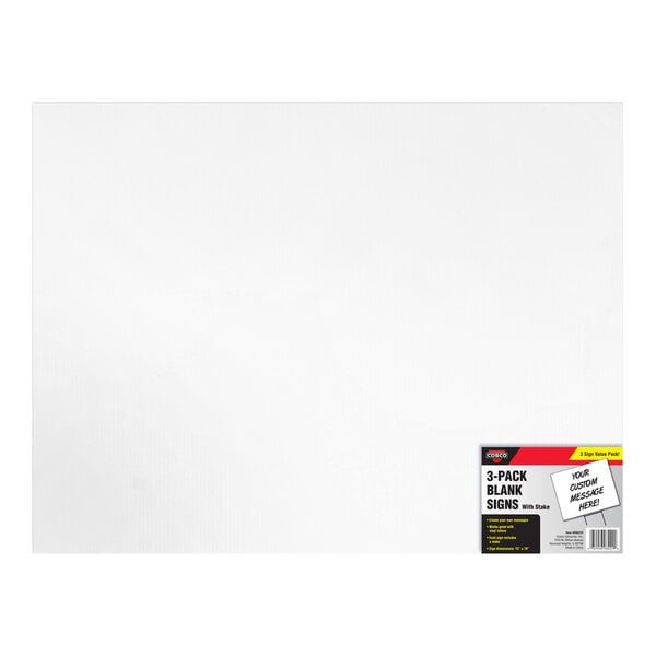 A blank white rectangular sign with a small product label in the bottom right corner.