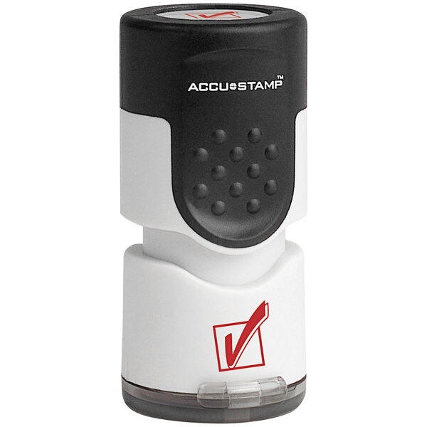 An Accustamp white device with a black check mark.