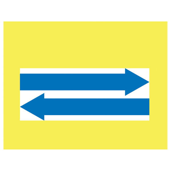 A blue rectangular sign with yellow border and blue and white directional arrows pointing to the right.