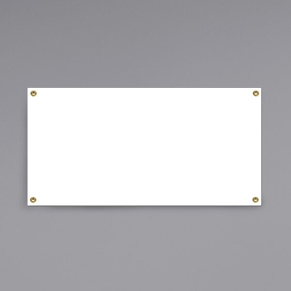 A white rectangular Cosco blank vinyl banner with gold screws on a gray wall.