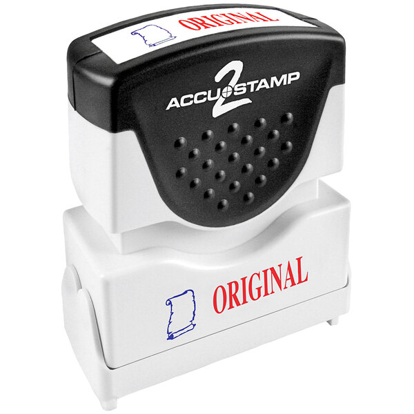 An Accustamp shutter stamp with red and blue ink.