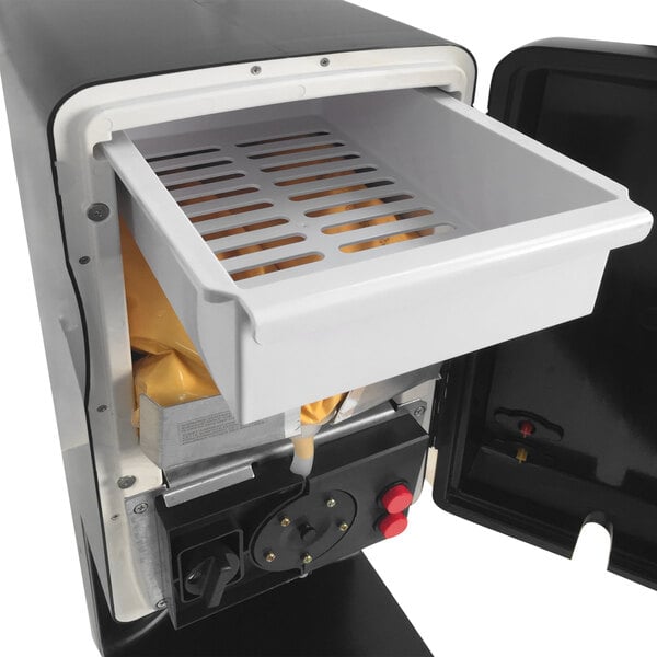 A Paragon peristaltic cheese sauce dispenser with a white plastic container and metal lid.