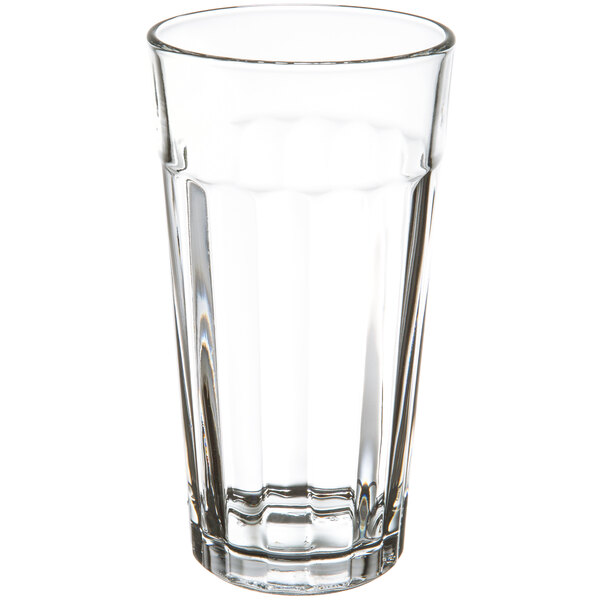 A close-up of a Libbey paneled drinking glass.
