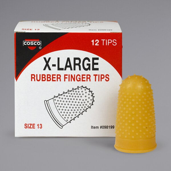 A black box of Cosco X-large amber rubber finger tips.