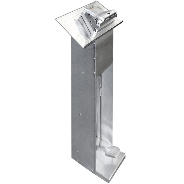 A close-up of a Heat Seal C-12 foot operated bag sealer with a silver stand.